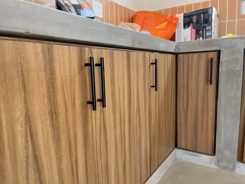 Close-up of kitchen cabinet doors with book-matched grain