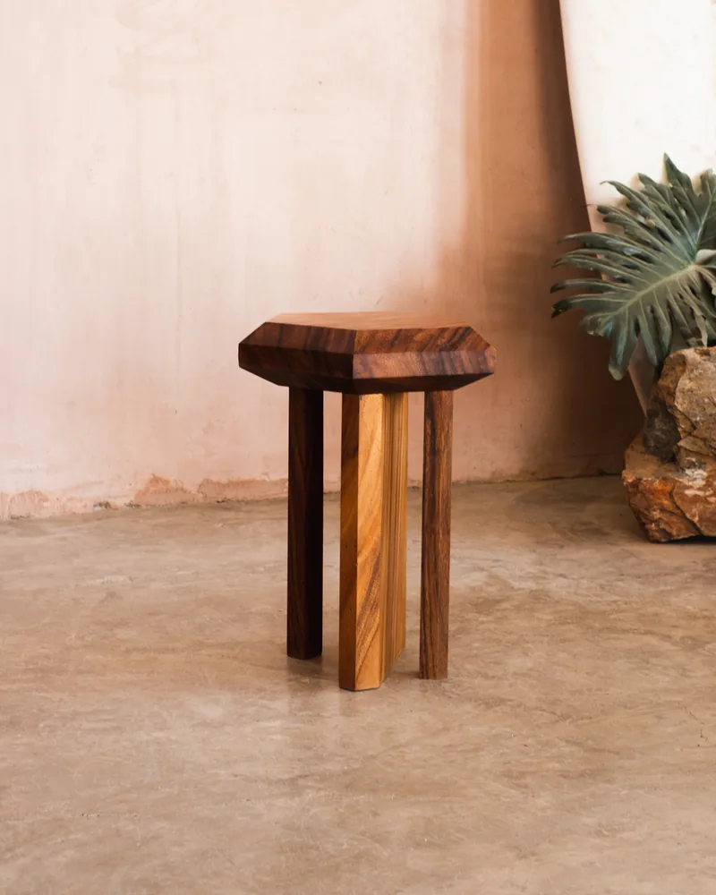 Geometric tripod stool in mixed hardwood